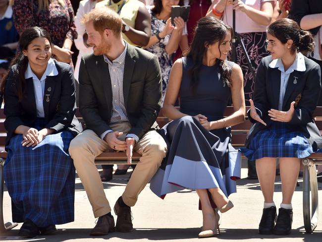 Harry and Meghan chat with students from Macarthur Girls High School in Sydney. Picture: AP