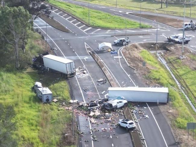 An aerial view of the site of the triple fatal at the intersection of Walker St and the Bruce Highway in Maryborough.