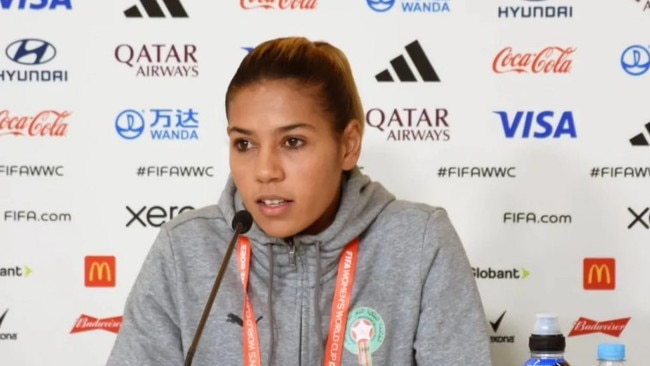 Morocco's Ghizlane Chebbak in the press conference ahead of Morocco's clash with Germany.