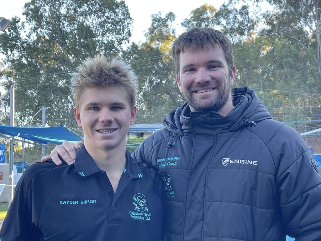 Gladstone South Swimming Club's Kayden Gibson with coach Adam Eiseman are heading to the Olympic swimming trials in Brisbane.