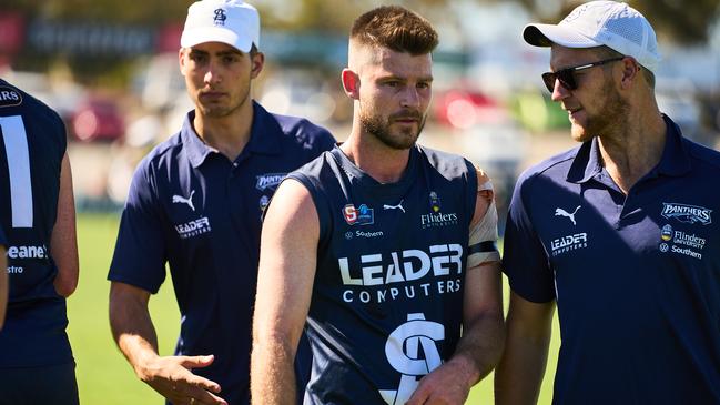 Former Crow Bryce Gibbs takes a breather during his standout 36-disposal performance in his first game for South Adelaide against his former club on Good Friday. Picture: Matt Loxton