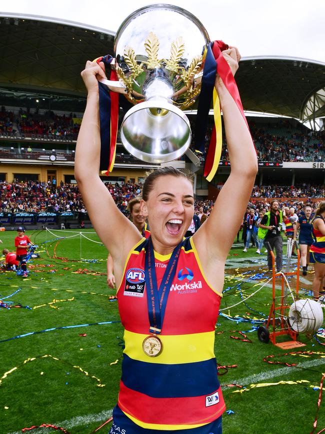 Crows midfielder Ebony Marinoff with the 2019 AFLW premiership cup. Picture: Mark Brake / Getty Images