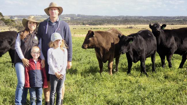 Teaming up: Ana Pimenta and Tom Perry, with children Alice and Lucas, on their 810ha King Island farm, which aims for high turnovers with low-cost and low-input base.