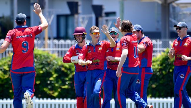 Toombul players celebrate a wicket. T20 club cricket - Toombul v Sandgate Redcliffe Saturday December 4, 2021. Picture, John Gass