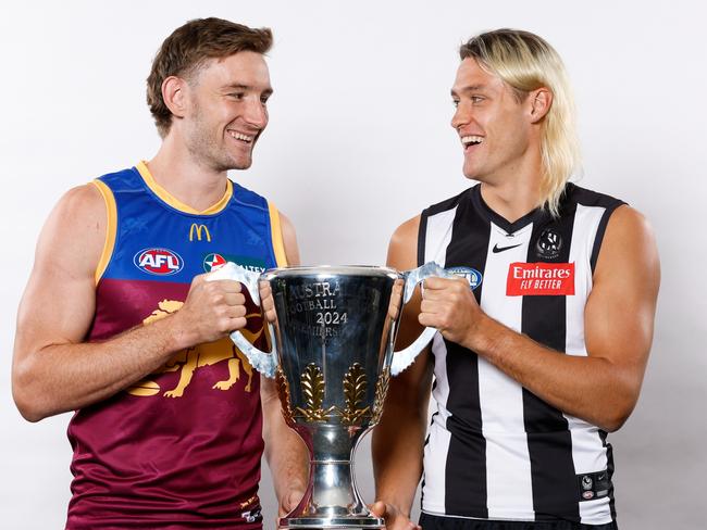 Brisbane captain Harris Andrews and Collingwood skipper Darcy Moore. Picture: Dylan Burns/AFL Photos