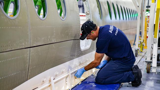 Work is underway on the first Qantas' A220 at the Airbus facility in Mirabel, Canada. Picture: Supplied.