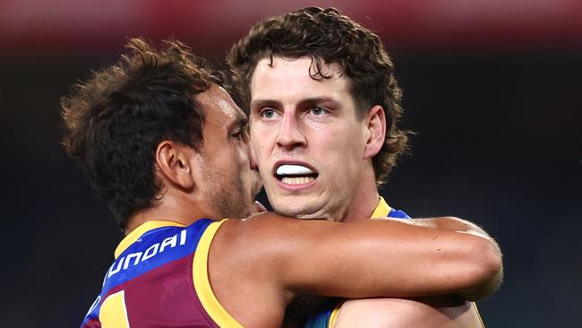 BRISBANE, AUSTRALIA - JUNE 28: Jarrod Berry of the Lions celebrates a goalduring the round 16 AFL match between Brisbane Lions and Melbourne Demons at The Gabba, on June 28, 2024, in Brisbane, Australia. (Photo by Chris Hyde/AFL Photos/via Getty Images)