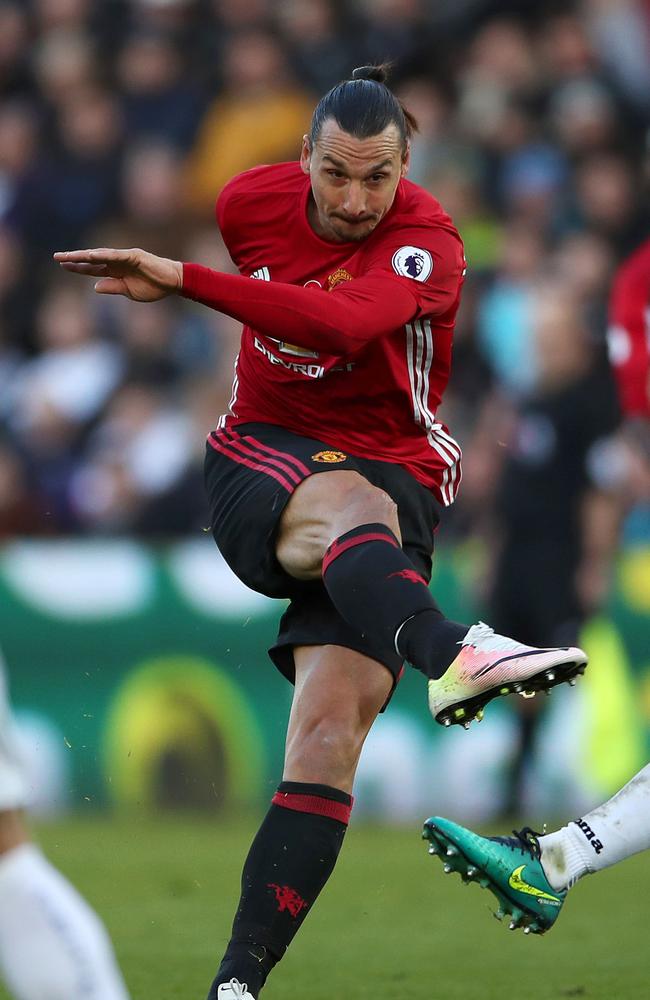 Manchester United's Zlatan Ibrahimovic scores his side's second goal.