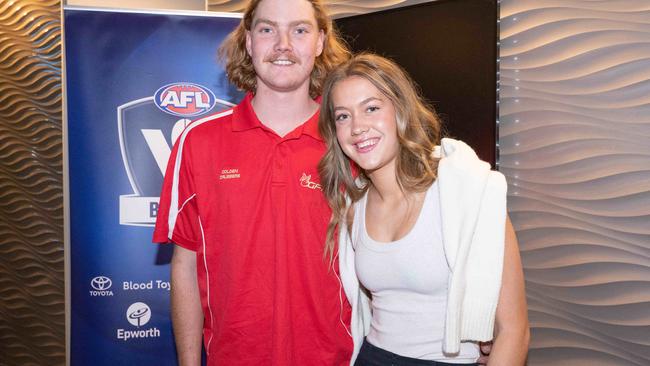 Ocean Grove’s Kye Annand with Arlee Bennett at the BFNL’s Ash Medal count. Picture: Brad Fleet
