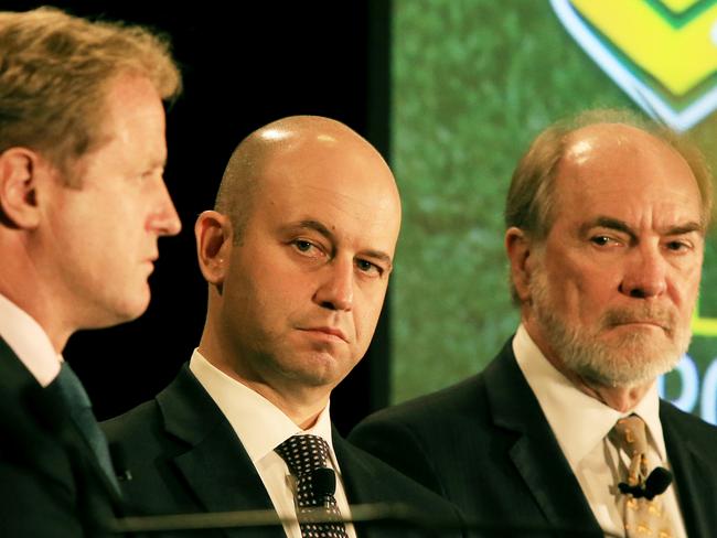 Former NRL CEO Dave Smith, with Todd Greenberg and John Grant. pic Mark Evans