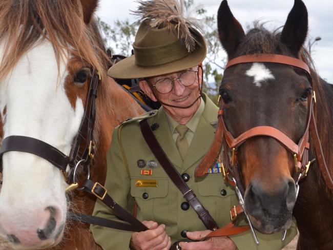 27th Light Horse Regiment Incorporated rider Lester Mengel, 73, with Gabriel and Socks.