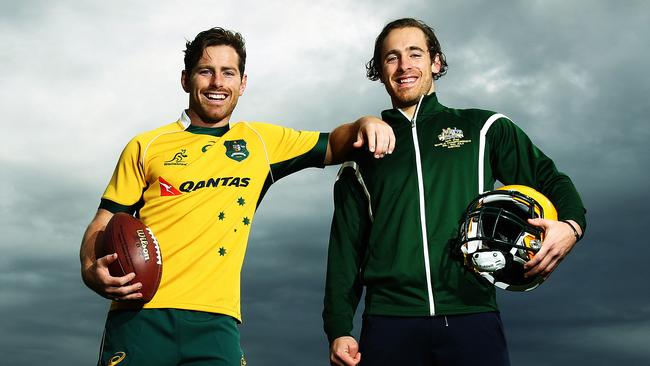 HOLD - Wallabies star Bernard Foley and his brother Conor Foley, who plays for the Australian gridiron team at Moore Park in Sydney. Pic Brett Costello