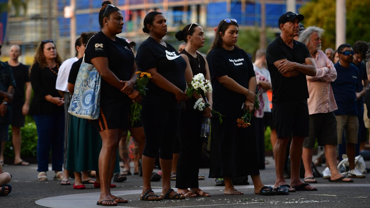 Hundreds of Top End residents gathered outside the NT Parliament on Wednesday for a vigil for Kumanjayi White, a 24-year-old Warlpiri man with a disability who died after being restrained by police in the Alice Springs Coles. Picture: Zizi Averill