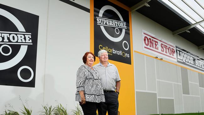 Duffy and Gary Coleman at the One Stop Cellarbrations Liquor Superstore in 2017. The store has recently been sold to Coles. Picture: Justin Kennedy