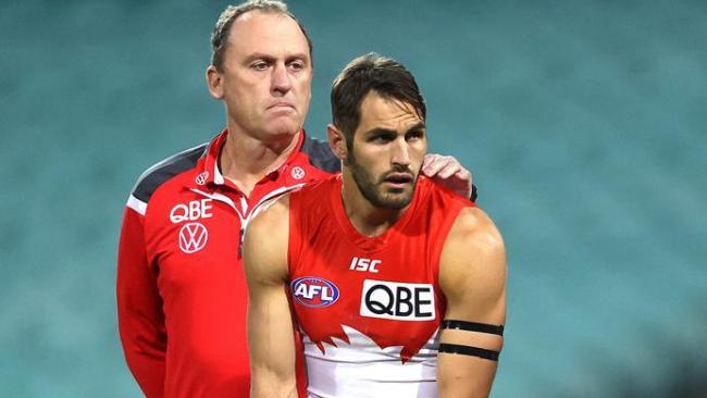 Swans coach John Longmire consoles Josh Kennedy after a minute's silence for John Kennedy at the SCG. Picture: Phil Hillyard