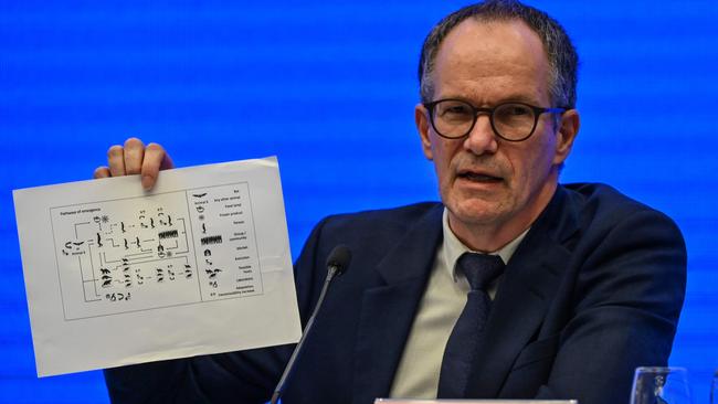 Peter Ben Embarek, head of the WHO-led team in Wuhan, addresses a news conference wrapping up the visit. Picture: AFP