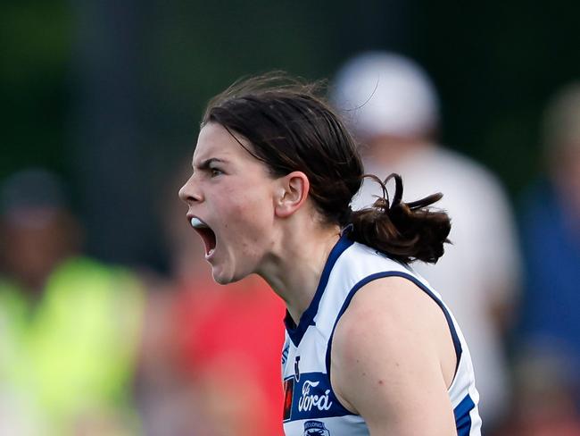 MELBOURNE, AUSTRALIA - NOVEMBER 19: Darcy Moloney of the Cats reacts during the 2023 AFLW Second Semi Final match between The Melbourne Demons and The Geelong Cats at IKON Park on November 19, 2023 in Melbourne, Australia. (Photo by Dylan Burns/AFL Photos via Getty Images)