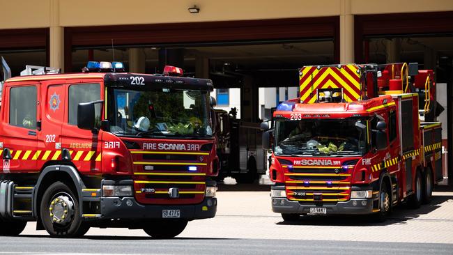 MFS fire trucks pulling out of the fire station on Wakefield Street, Adelaide. Picture: NCA NewsWire / Morgan Sette