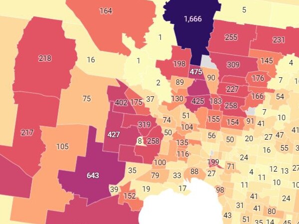 Victorian Active Covid-19 Cases By Postcode on October 11, 2021. Picture: Twitter/@covidbaseau