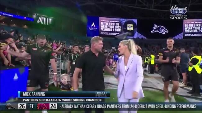 Mick Fanning celebrates Panthers win (Channel 9)