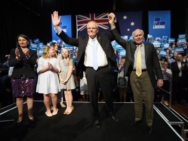 The PM with NSW Premier Gladys Berejiklian and former PM John Howard. Picture Gary Ramage