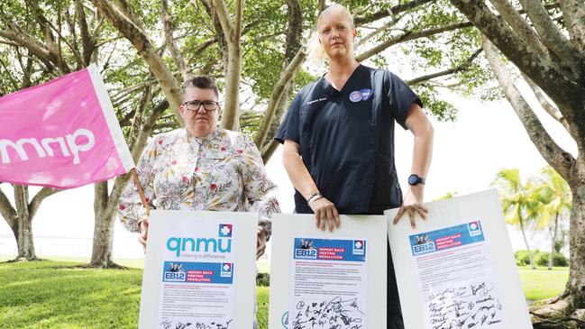 Cairns nurses have rejected the state government’s wage increase offer after concerns Victoria will lead the nation in pay and conditions by 2027. Queensland Nurses and Midwives Union secretary Sarah Beaman and Cairns nurse Suri Hobday. Picture: Tim Little.