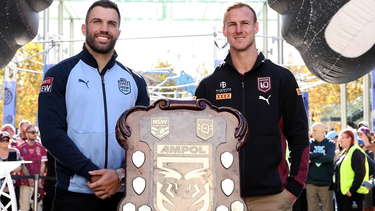 PERTH, AUSTRALIA - JUNE 25: Captains James Tedesco of New South Wales and Daly Cherry-Evans of Queensland pose with the shield during a State of Origin media opportunity at Forrest Place on June 25, 2022 in Perth, Australia. (Photo by Paul Kane/Getty Images)