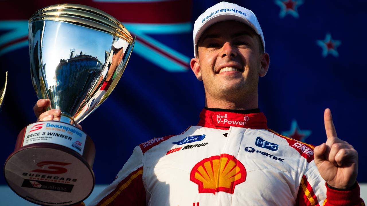 Scott McLaughlin after winning race 1 for the Melbourne 400 Supercars Round.