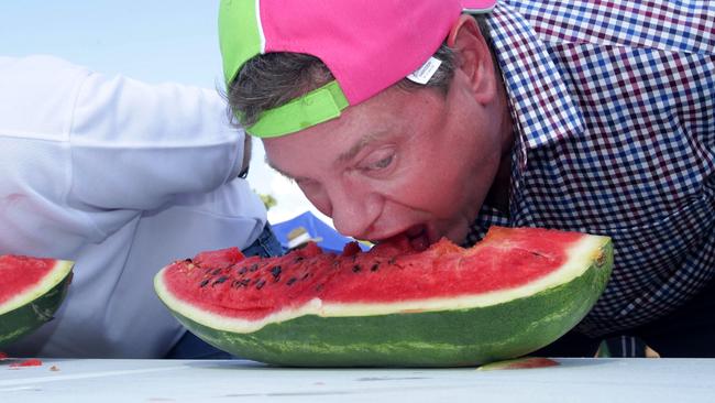 Tim Nicholls competed in the melon-eating competition at the Chinchilla Melon Festival. Picture: Steve Pohlner