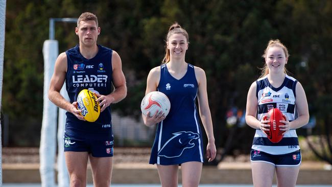 South Adelaide footballer Alex Cailotto (L) with netballer Eilish McKay (C) with Panthers SANFLW player Jaslynne Smith. Picture: Matt Turner