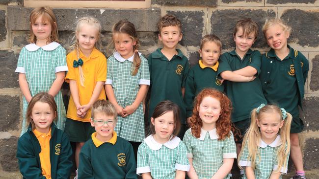Prep Photos - My First Year Inverleigh Primary school My First Year Picture 1 Class : Combined B & D classes Back Row From Left: Elizabeth Kichakov, Audrey Smith, Edith Hilsdon, James Irwin, Callan Cook, Oscar Leyden, Isabel Allen. Front Row From Left: Belle Discher, Aidan Pohlner, Maya Robinson, Amelie Bennett, Skye Robertson . Picture Mark Wilson
