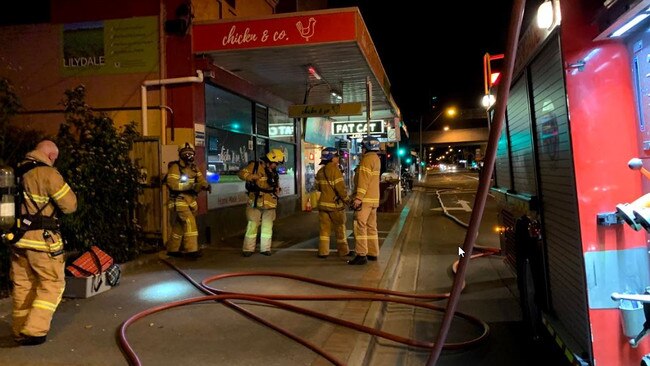 Murrumbeena Rd the night of the fire. Pic: Andrew Faram