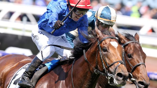 Kerrin McEvoy salutes after riding Cross Counter to victory in last year’s Melbourne Cup. Picture: Michael Klein