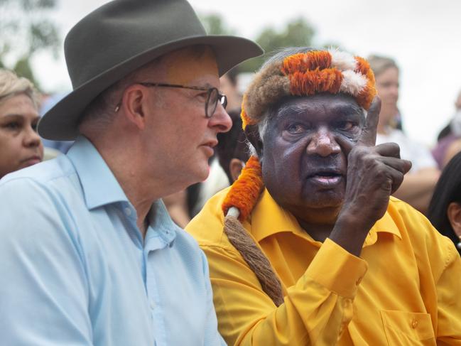 Yunupingu with Prime Minister Anthony Albanese at Garma in 2022. Picture: Melanie Faith Dove *PICTURE APPROVED FOR USE FOR TRIBUTES