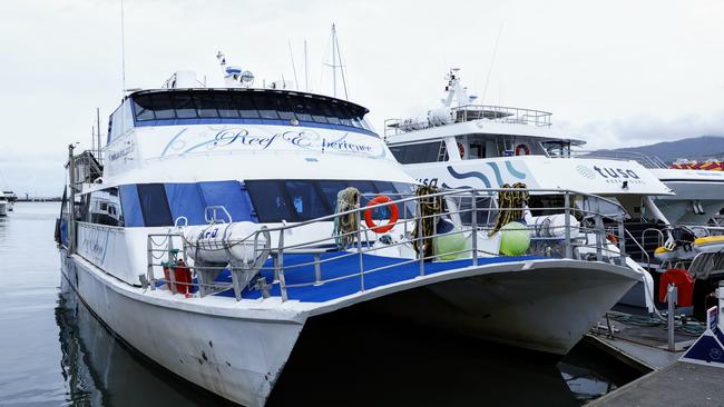 A Reef Experience boat moored at the Cairns Marlin Marina. Picture: Brendan Radke.