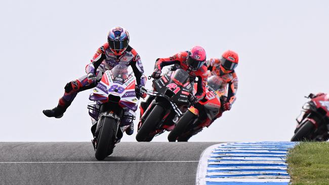 Prima Pramac's Spanish rider Jorge Martin (L) leads the pack during the second free practice session of the MotoGP Australian Grand Prix at Phillip Island. Picture: AFP