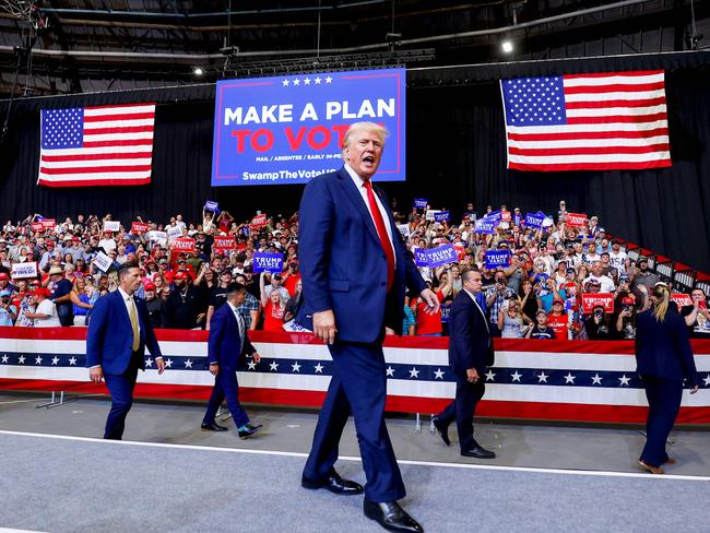 Former U.S. President Donald Trump walks off the stage after speaking at a rally at the Brick Breeden Fieldhouse at Montana State University. Picture: Michael Ciaglo/Getty Images/AFP