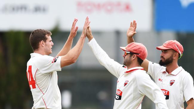 South Australia’s Nick Winter celebrates the wicket of Western Australia’s Ashton Turner with skipper Travis Head and Jake Weatherald. AAP Image/Mark Brake.