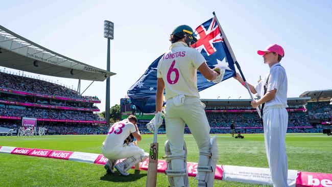 Sam Konstas and Marnus Labuschagne walk out to bat on Day 2 of the 5th test. Photo: Tom Parrish