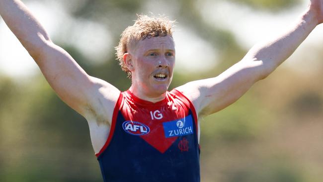 Melbourne star Clayton Oliver will play in a VFL practice game on Thursday as he works towards a once unlikely Opening Round comeback. Picture: Michael Willson / Getty Images