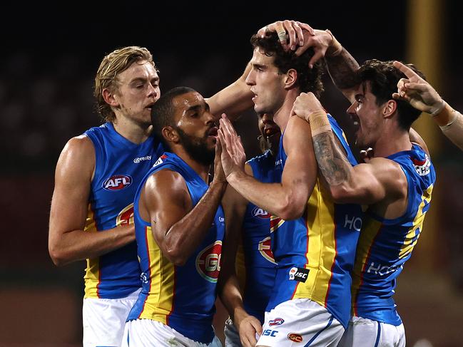 Ben King of the Suns celebrates a goal during the round 7 AFL match between the Sydney Swans and the Gold Coast Suns at Sydney Cricket Ground on July 18, 2020 in Sydney, Australia. (Photo by Ryan Pierse/Getty Images)