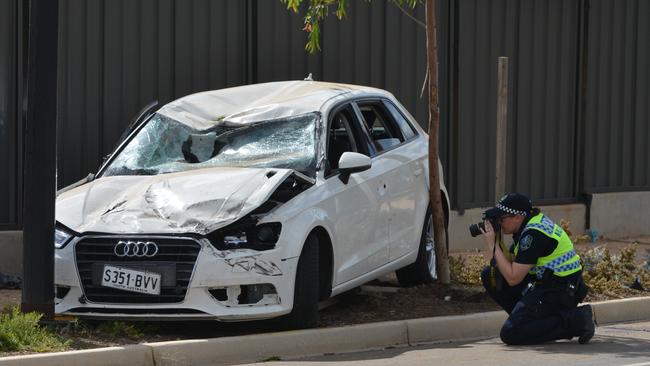 The wreckage of Bor Mabil’s Audi – which was being driven by Akol Akol – after the crash. Picture: Brenton Edwards/AAP