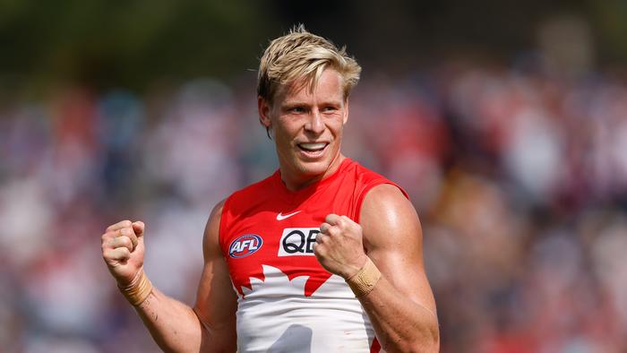 ADELAIDE, AUSTRALIA - APRIL 06: Isaac Heeney of the Swans celebrates a goal during the 2024 AFL Round 04 match between the West Coast Eagles and the Sydney Swans at Adelaide Hills - Mt Barker on April 06, 2024 in Adelaide, Australia. (Photo by Dylan Burns/AFL Photos via Getty Images)