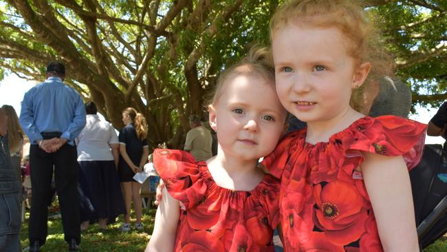 Maisie Smith, 3, and Ella Smith, 4, at the Mackay Remembrance Day commemorative ceremony at Jubilee Park on Wednesday November 11, 2020. Picture: Zizi Averill