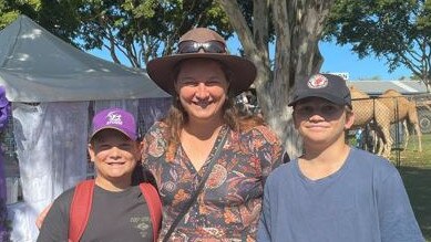 Quinn, 11, Mitchell, 13, and Renee Burford-Jones at the Sunshine Coast Agricultural Show 2023.