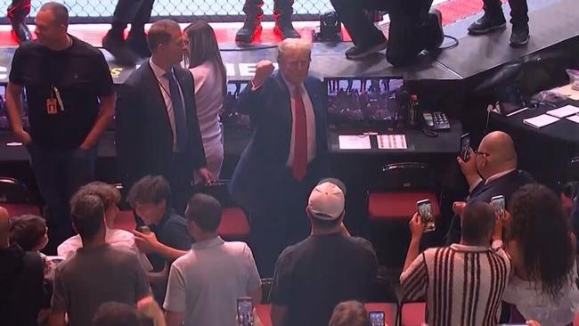 Donald Trump plays with the crowd. Photo: Foxtel, Main Event.