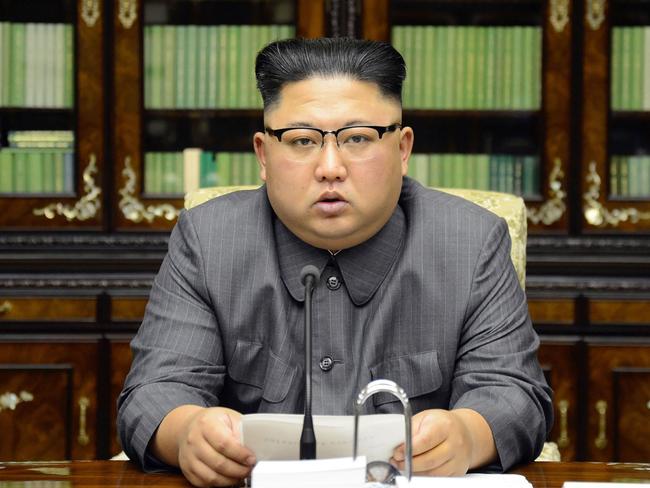 North Korean leader Kim Jong-un warned North Korea is “mentally deranged” and will “pay dearly” for his threat to destroy North Korea. Picture: KCNA/AFP