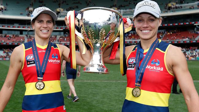 Chelsea Randall (left) and Erin Phillips added to their collection of silverware at the AFLW awards on Monday. Picture: Michael Willson/AFL Photos)