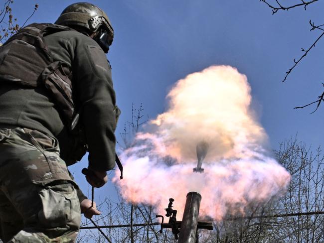 A Belarusian volunteer soldier from the Kastus Kalinouski regiment, a regiment made up of Belarusian opposition volunteers formed to defend Ukraine, near Bakhmut. Picture: AFP