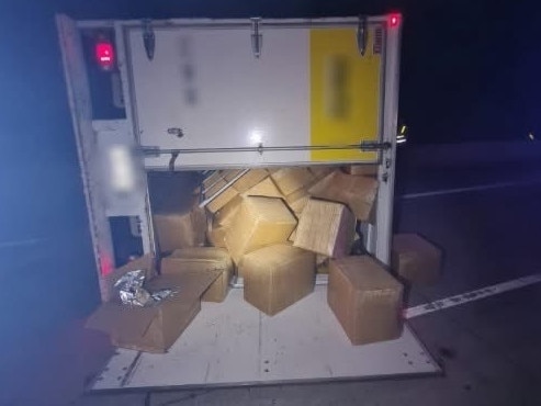Boxes of allegedly illicit tobacco in a truck that rolled on the Pacific Highway near Tucabia, in northern NSW, on May 4, 2025. Picture: NSW Police